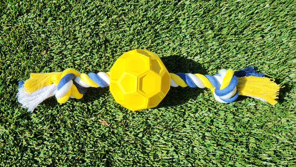Rubber Soccer Ball Chew Toy with Tug Rope  -- Aggressive Dog Chewers -- Toys for Dogs of All Sizes - Harle Dogs