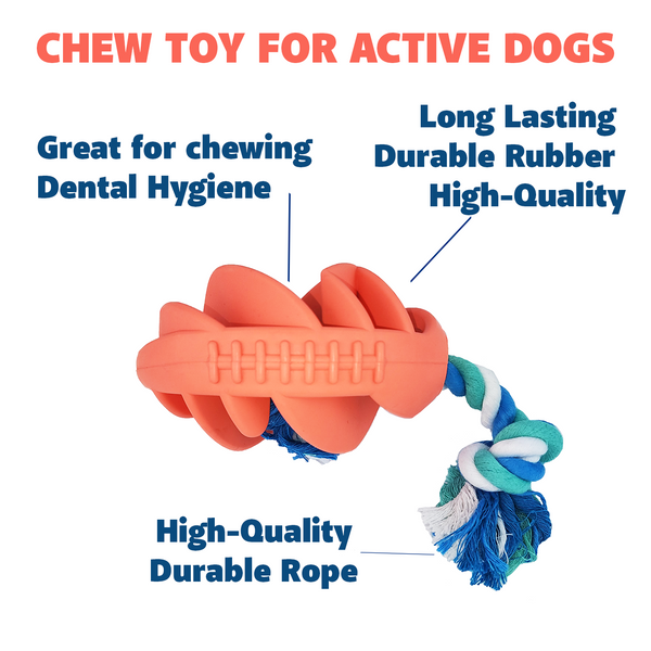 Rubber Football Dog Chew Toy with Tug Rope -- Great for Active Dogs -- Coral
